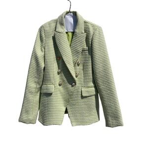 House of Harlow 1960 Green Houndstooth Tweed Double Breasted Blazer Pearl Button